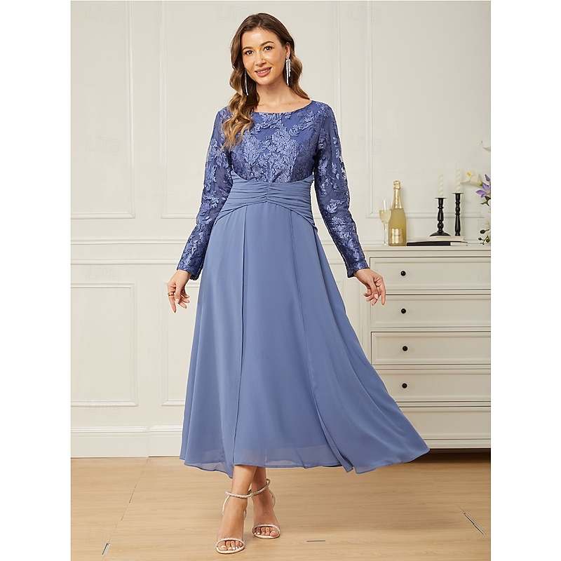 Women's Normal Maxi Dress Lace Dress Chiffon Dress Elegant Stylish Party Wedding Guest Date Regular Fit Solid Color Long Sleeve Crew Neck Blue Summer3