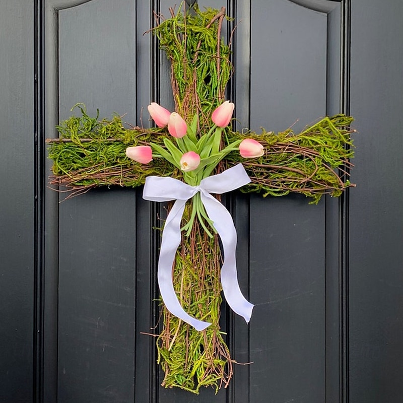 Cross Wreath Cross Sign with Artificial Cross Sign Door Hanger Easter Cross Wreaths for Front Door Spring Decorations for Door Wall, Cross Sign