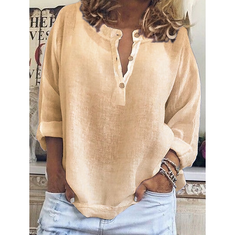 Women's Blouse Cotton Linen Shirts Plain Classic Casual Long Sleeve Bishop Sleeve V Neck Regular Tops Daily Buttons White Blue Purple Khaki Spring