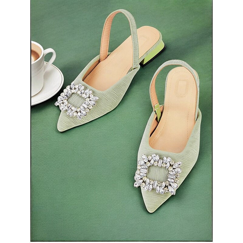 Green Satin Slingback Heels with Crystal Buckle – Stylish Casual Shoes for Women, Perfect for Day Events, Parties, or Cocktail Wear2