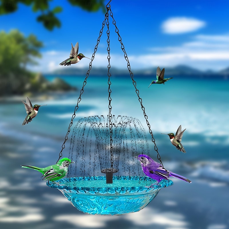 Hanging Bird Bath with Solar Fountain Pump Bird Bath for Outside Solar Bird Bath Multi-Functional Basin Hummingbird Feeder for Bird for Backyard, Patio Garden Yard Decoration