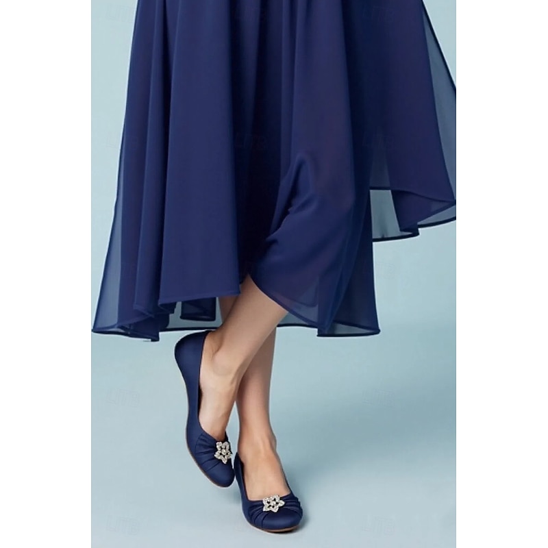 Women's Navy Blue Satin Ballet Flats  with Rhinestone Embellishment - Elegant Wedding and Evening Shoes
