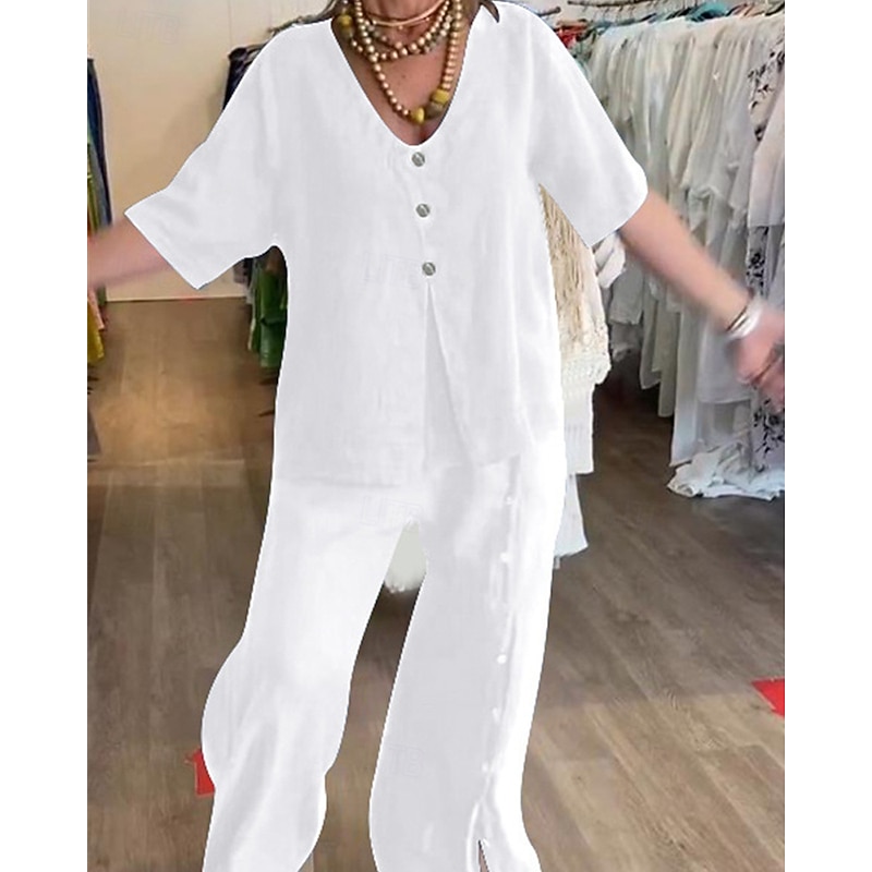 Women's Fashion Streetwear Shirt Cotton Linen Sets Two Piece Sets Linen Pants Pants Trousers Short Sleeve V Neck Solid Color Drawstring Daily Wear Date Black White Blue Summer Regular Fit3