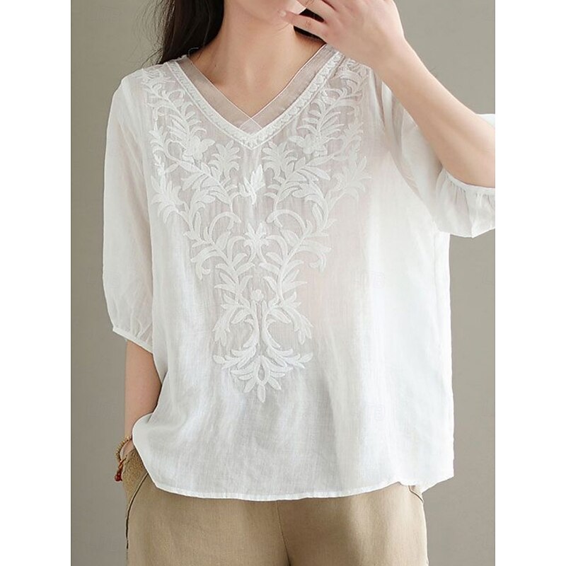 Women's Shirt Blouse Cotton Linen Shirts Solid Color Basic Casual 3/4 Length Sleeve V Neck Regular Tops Daily Embroidered White Yellow Pink Purple Summer Spring4