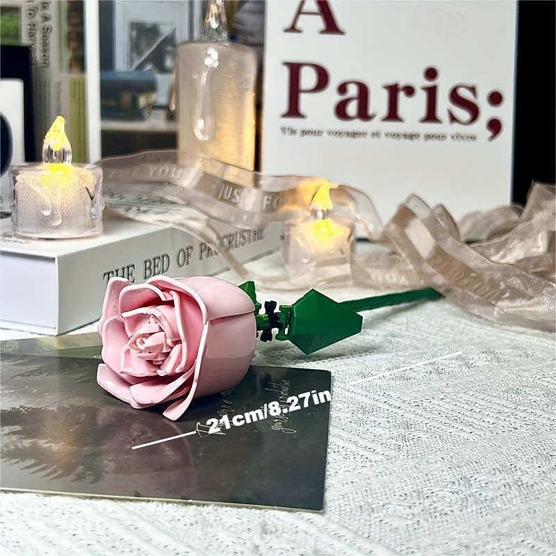 6 pc DIY Building Block Rose Flower Tabletop Decor  ABS Material  Perfect for Valentine's Christmas & Halloween Gifts  Cozy Ambiance with Multi-Colored Artificial Roses & Elegant Candle Display4