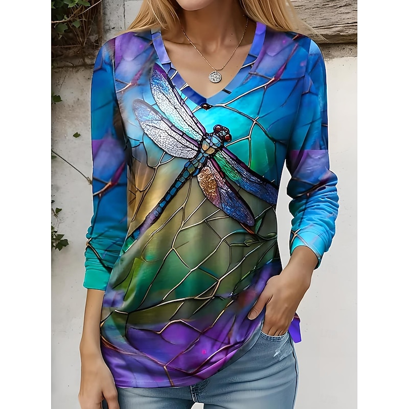 Women's T Shirt V Neck Long Sleeve Tunic Animal Rainbow Color Gradient Elegant Vintage Regular Tops Daily Print Blue Summer Spring Fall