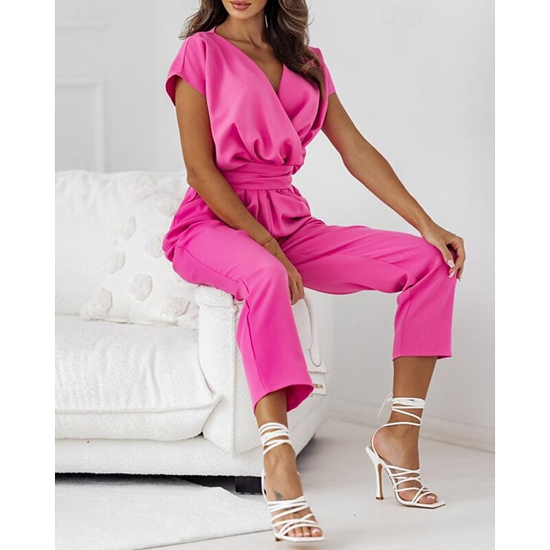 Women's Normal2 Pieces SetsStreetwear Casual Half Sleeve V Neck Solid Color Pocket Belted Street Daily Going out Black Fuchsia Apricot Summer Regular Fit3