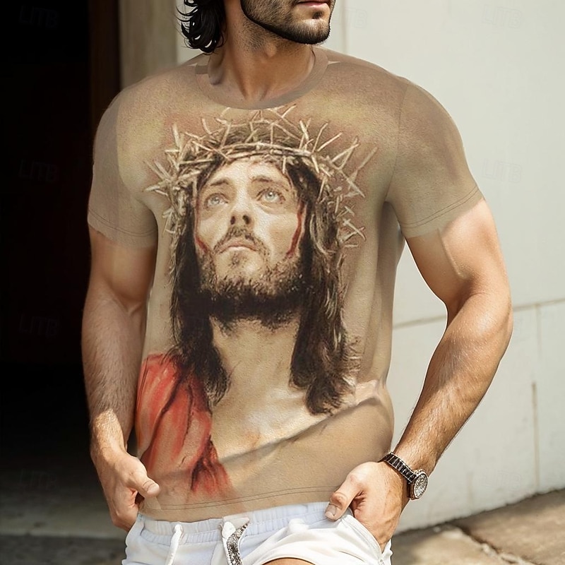 Easter Men's Jesus T Shirt Short Sleeve T shirt 3D Print Crew Neck Shirt Fashion Daily Street Daily Khaki Summer Spring Clothing Apparel S M L XL XXL XXXL