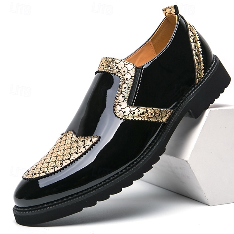 Men's Patent Leather Slip-On Dress Shoes – Black Loafers with Gold Textured Detailing, Stylish Formal Footwear for Parties, Weddings and Special Events