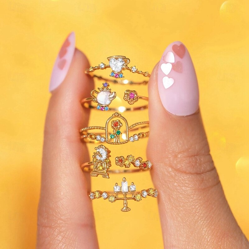 5pcs Fairy Tale Beauty And The Beast Little Princess Ring Niche Design Colorful Zircon Ring for Women