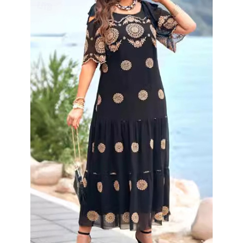 Women's Midi Dress Casual Dress Cocktail Dress Wedding Guest Dress Chiffon Dress Elegant Stylish Casual Vacation Casual Daily Loose Fit Graphic Short Sleeve Crew Neck Black Summer Spring