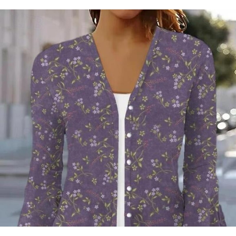 Women's Shirt Floral Basic 3/4 Length Sleeve Square Neck Regular Tops Daily Linen Like Print Purple Spring Fall2