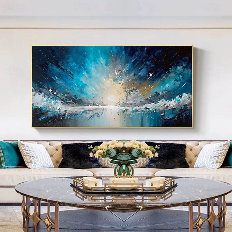 Handmade Oil Painting Canvas Wall Art Decoration Modern Abstract Sunrise Blue Ocean Landscape for Living Room Home Decor Rolled Frameless Unstretched Painting4