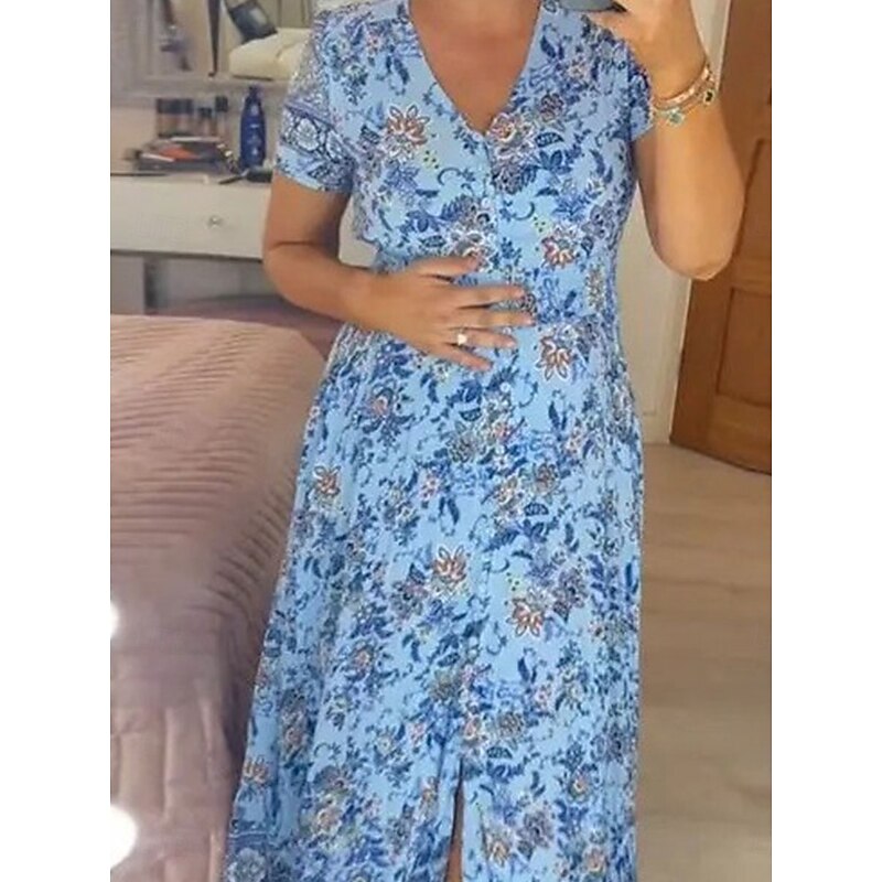 Women's Maxi Dress Casual Dress Boho Dress Elegant Stylish Casual Vacation Casual Daily Regular Fit Floral Short Sleeve V Neck Pink Navy Blue Purple Light Blue Summer Spring4