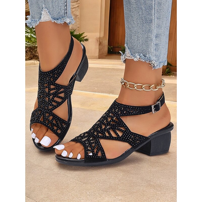 Women's Black Open-Toe Heeled Sandals with Decorative Crisscross Straps and Rhinestone Detailing – Stylish and Comfortable for Casual or Evening Wear