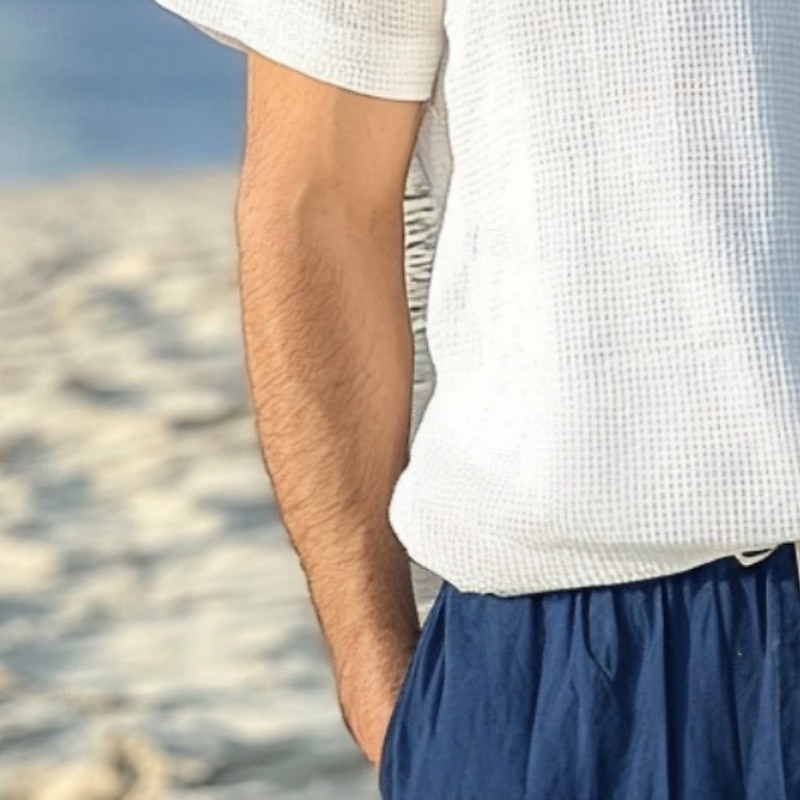 Men's Waffle Henley Shirt Tee Top Short Sleeve V Neck Summer Solid Color Fashion Designer Comfortable V Neck Outdoor Casual Daily White Top Tee for Men2