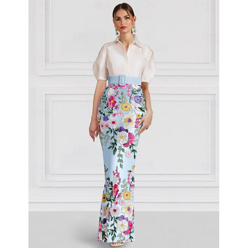 Floral Embroidered Column Evening Gown Elegant Dress Formal Wedding Floor Length Short Sleeve Shirt Collar Satin with Slit Appliques