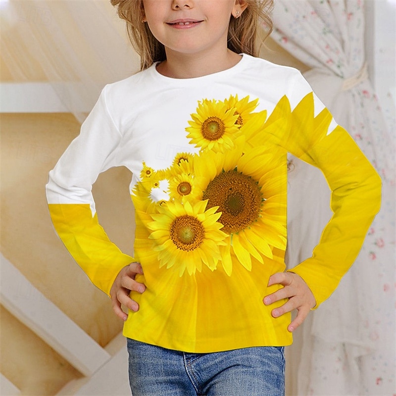 Easter Girls' 3D Floral Graphic T shirt Tee Long Sleeve Spring Fall Fashion Basic Kids 4-12 Years Crew Neck Outdoor Casual Daily Regular Fit