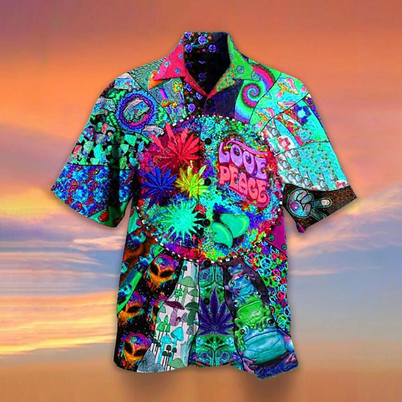 Men's Colorful Mushroom Tropical Plants Shirt Summer Hawaiian Shirt Camp Collar Shirt Short Sleeve Shirt Turndown Designer Beach Holiday Light Green Blue Purple 3D Print S M L2