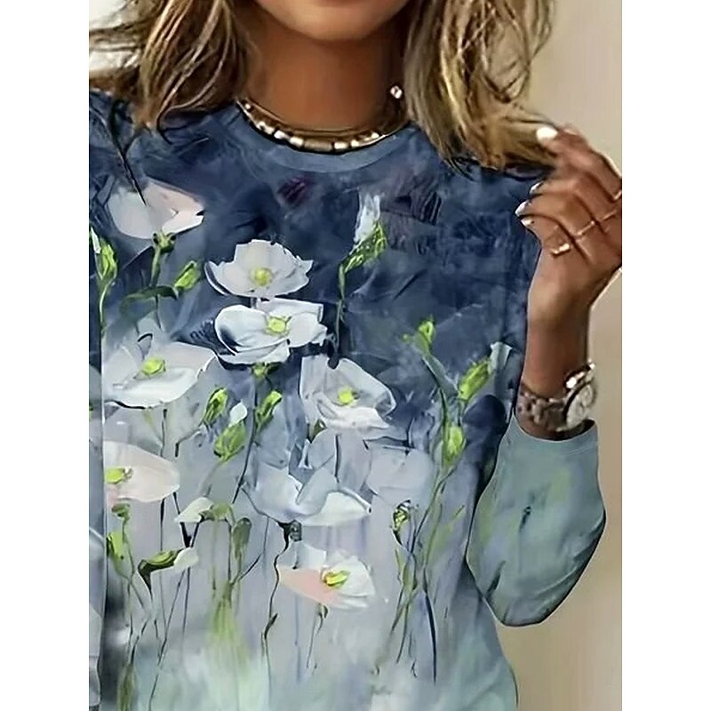 Women's T shirt Crew Neck Long Sleeve Tunic Ombre Floral Elegant Vintage  Regular Tops Daily Going out Weekend Print Dusty Blue2