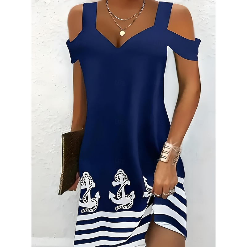 Women's Midi Dress T Shirt Dress Tee Dress Sundress Summer Dress Midi Dress Vacation Vintage Tropical Vacation Party Holiday Regular Fit Stripe Short Sleeve Sweetheart Dark Blue Summer Spring