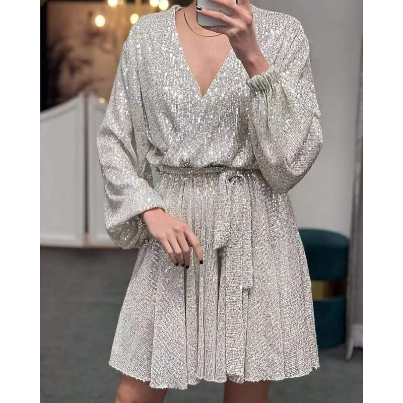 Women's Sequin Dress Mini Dress Champagne Long Sleeve Pure Color Sequins Winter Fall V Neck Vintage Fashion Elegant Puff Sleeve Mesh XL2