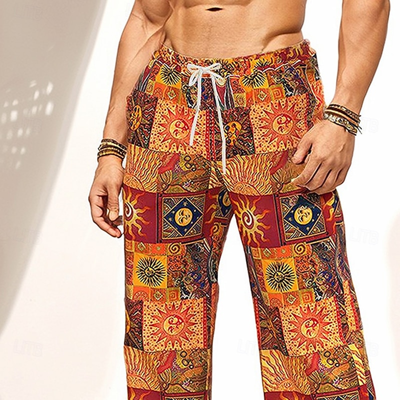 Men's Color Block Patchwork Ethnic Trousers Baggy Pants Casual Pants Mid Waist Vintage Retro Outdoor Holiday Drawstring Elastic Waist Wide Leg Summer Spring 3D Print Red2