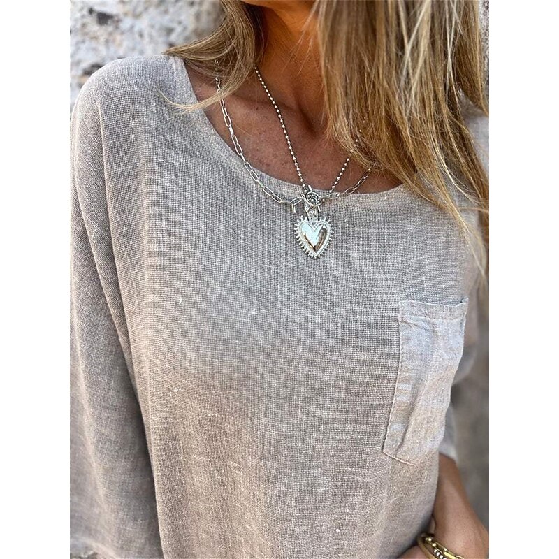 Women's T Shirt Cotton Linen Shirts Plain Fashion Modern Casual 3/4 Length Sleeve Crew Neck Regular Tops Daily Weekend Pocket Green Khaki Beige Spring Fall4