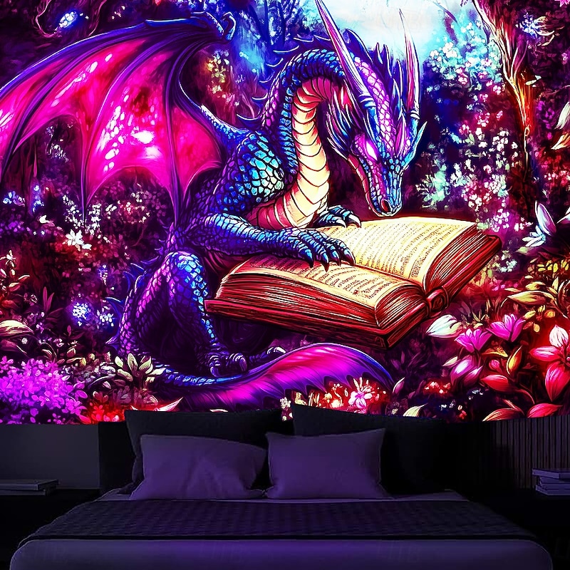 Blacklight Tapestry Glow in the Dark Glow Party UV Reactive Dragon Animal Trippy Misty Nature Landscape Hanging Tapestry Wall Art Mural for Living Room Bedroom3