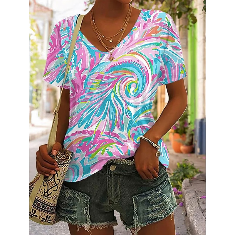 Women's T Shirt Color Block Casual Short Sleeve V Neck Regular Tops Daily Print Blue Summer - Main Image