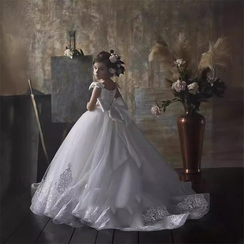 Flower Girl Dress Kid's Girls' Princess Dress Performance Wedding Party Elegant Beautiful Mesh Solid Color Sleeveless Off Shoulder White 4 years+2