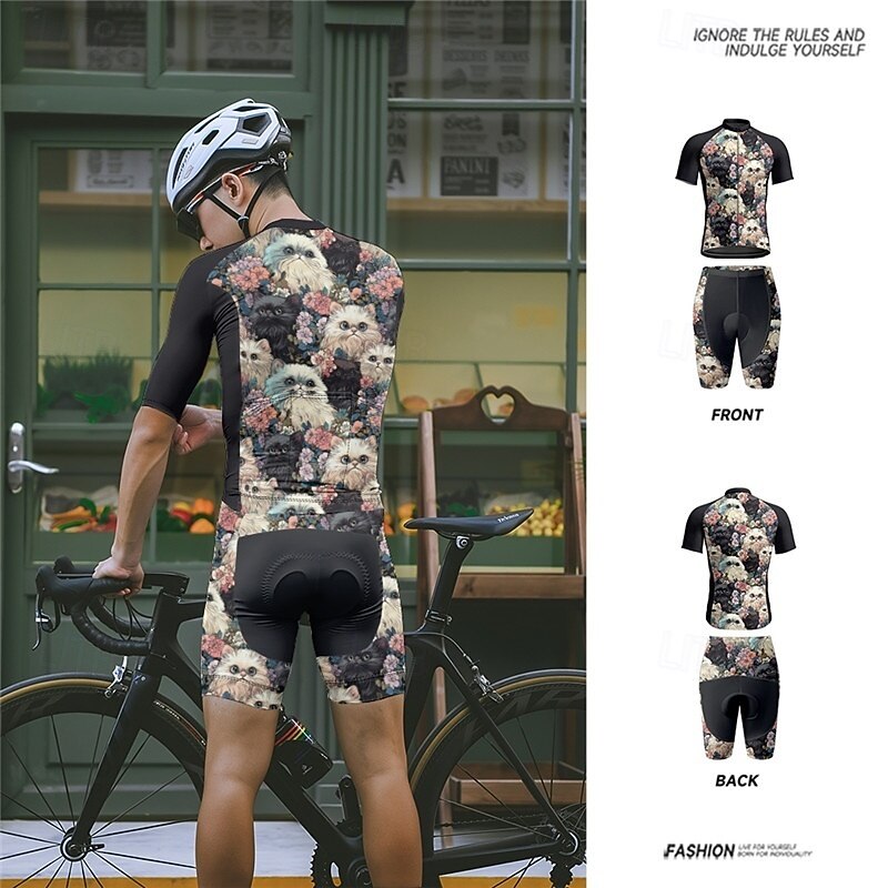 Men's Cycling Jersey with Shorts Cat Floral Botanical Short Sleeve Bike Clothing Suit with 3 Rear Pockets Mountain Bike MTB Road Bike Cycling Front Zipper Sweat wicking Comfortable Breathable Sports