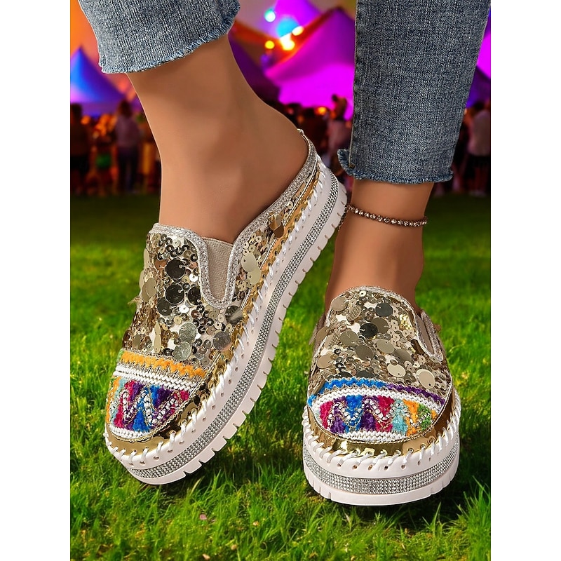 Women's Gold Sequin Platform Mules Sneakers  – Sparkly Slip-On Shoes with Embroidered Details for Festivals, Party & Street Fashion2
