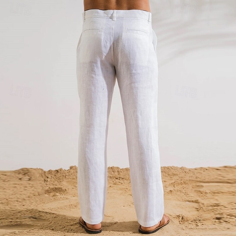 Men's Linen Pants Trousers Dress Pants Summer Pants Pocket Buttons Straight Leg Plain Comfort Breathable Full Length Outdoor Casual Daily Fashion Classic Style Black White2