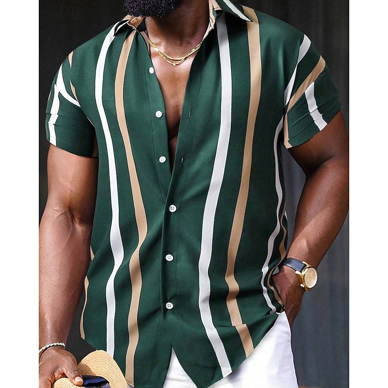 Men's Shirt Summer Shirt Casual Shirt Beach Shirt Button Up Shirt Black Red Navy Blue Royal Blue Blue Short Sleeve Striped Lapel Vacation Hawaiian Buttons Clothing Apparel Polyester Fashion Casual