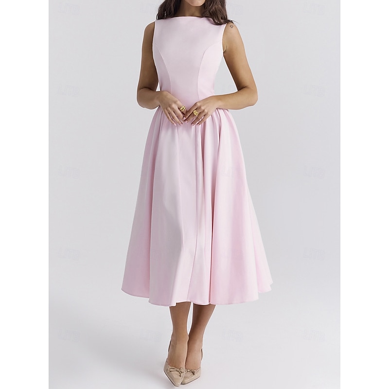 Retro Vintage 1950s Midi Dress Flare Dress Spaghetti Strap Corset Solid Color A-Line Slash Neck Fancy Dress Women's Masquerade Wedding Vacation Tea Party Adults' Dress4