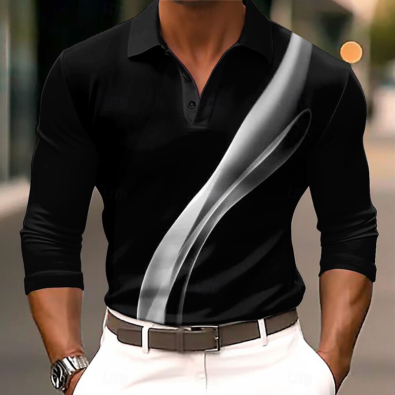 Men's Geometric Line Golf Shirt Long Sleeve Polo Shirts Collared Shirts Casual Business Casual Street Athleisure Outdoor clothing Holiday Buttons 3D Print Spring Fall Winter White Red Blue4