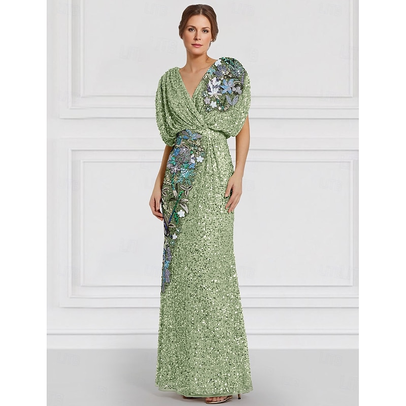 Column Evening Gown Embroidered Elegant Dress Formal Wedding Floor Length Short Sleeve Jewel Neck Sequined with Glitter