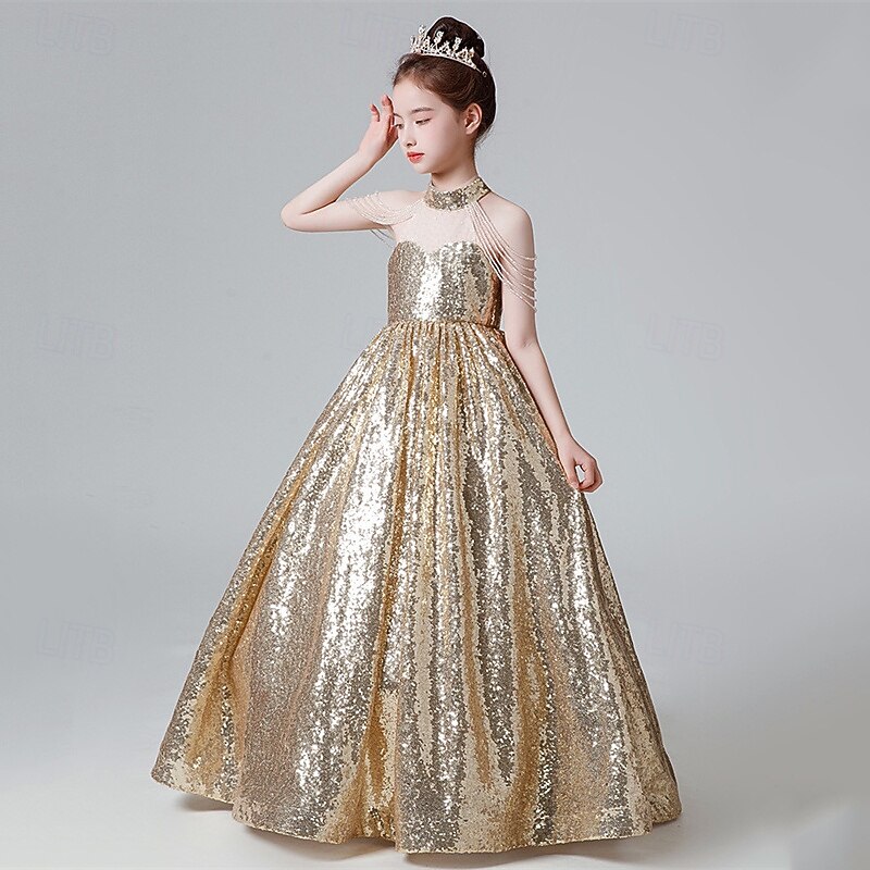Kids Girls' Party Dress Solid Color Sleeveless Performance Birthday Sequins Elegant Beautiful Polyester Maxi Party Dress Swing Dress A Line Dress Summer 4-12 Years Pink Blue Gold4