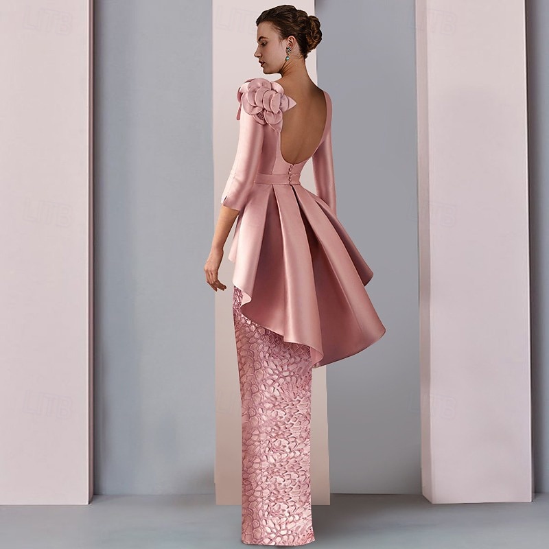 Sheath Mother of the Bride Dress Wedding Guest Elegant Party V Neck Floor Length Satin Lace 3/4 Length Sleeve with Appliques Cascading Ruffles Flower2