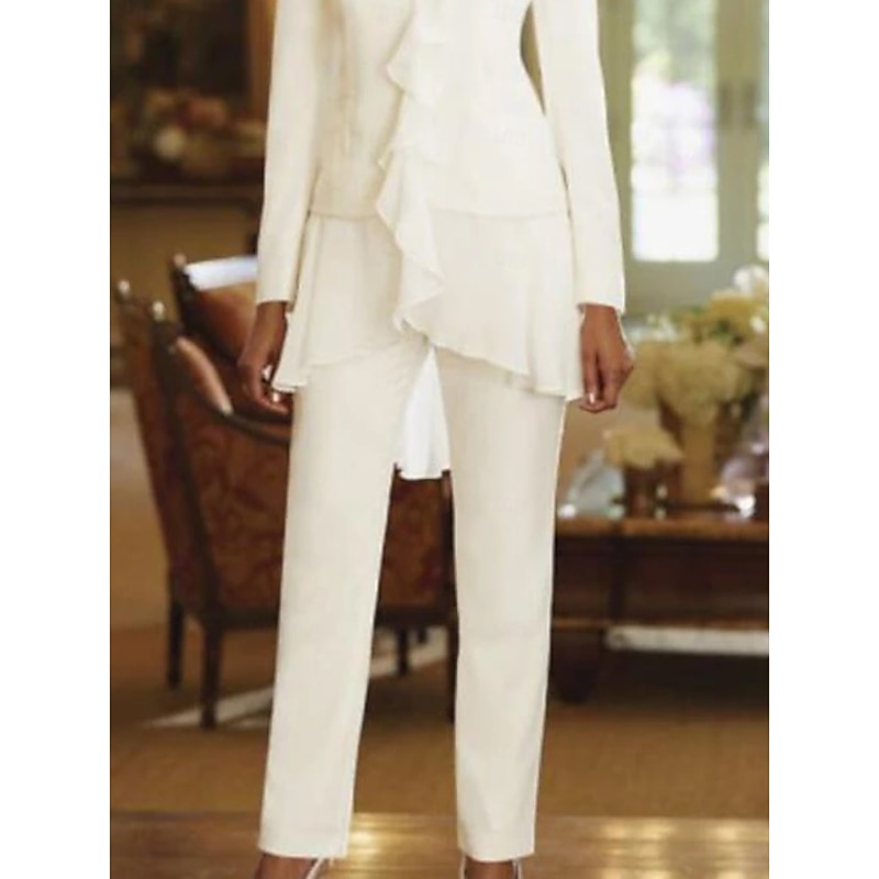 Two Piece Pantsuit Mother of the Bride  Wedding Guest Elegant Plus Size V Neck Floor Length Chiffon Long Sleeve with Ruffles3