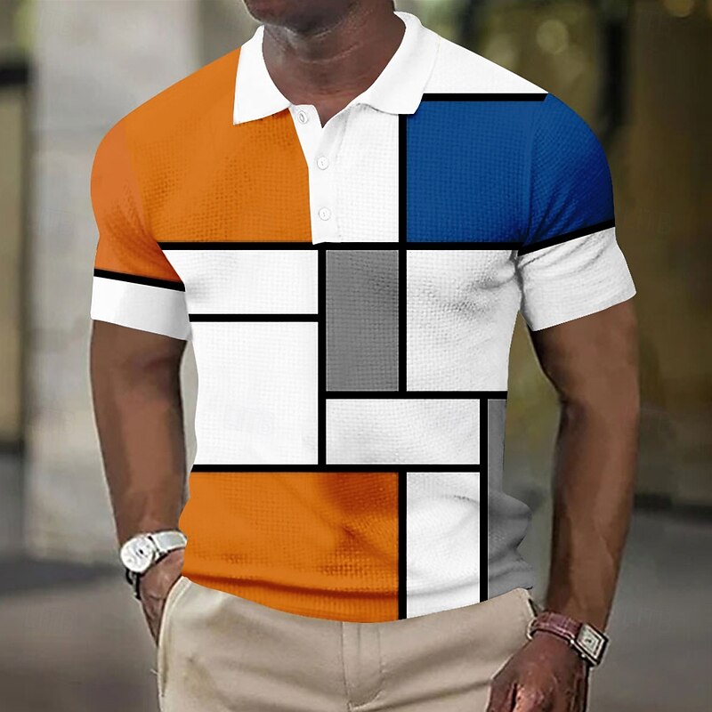 Men's Color Block Waffle Polo Shirts Short Sleeve Polo Shirts Collared Shirts Business Casual School Outdoor Dailywear Business Buttons 3D Print Summer Red Blue Orange3