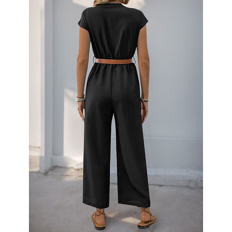 Women's Normal Jumpsuit Streetwear Solid Color Short Sleeve V Neck Buttons High Waist Vacation Office Regular Fit Black Summer2