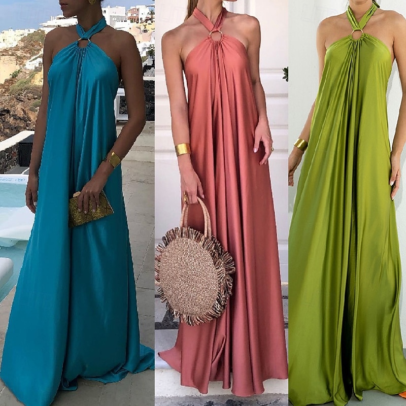 Women's Long Dress Maxi Dress Casual Dress Satin Dress Summer Dress Halter Neck Dress Fashion Outdoor Holiday Date Regular Fit Plain Sleeveless Halter Neck Light Green Blue Orange Summer Spring