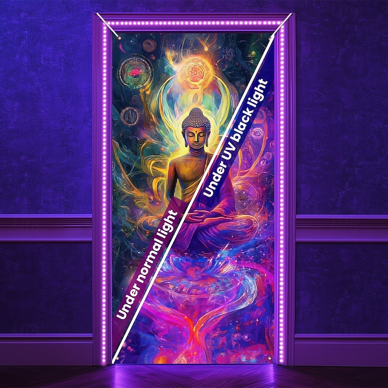 Blacklight Door Decorations Door Covers Glow in the Dark Buddha Mandala Door Tapestry Door Curtain Decoration Backdrop Indoor/Outdoor Door Banner for Front Door Farmhouse2