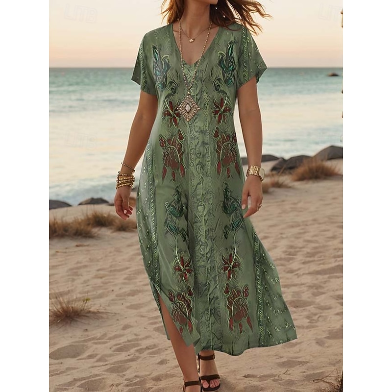 Women's Maxi Dress Casual Dress A Line Dress Stylish Casual Vacation Daily Regular Fit Floral Short Sleeve V Neck White Light Green Blue Green Summer Spring4