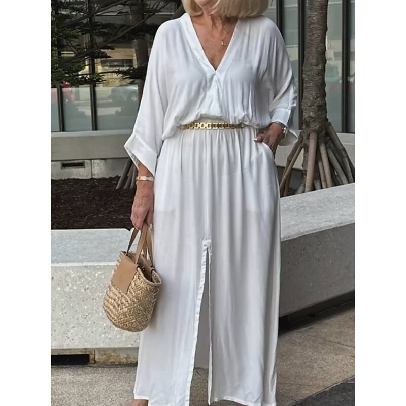 Women's Maxi Dress Linen-Inspired Dresses Casual Dress Basic Casual Vacation Daily Regular Fit Plain 3/4 Length Sleeve V Neck Black White Summer Spring