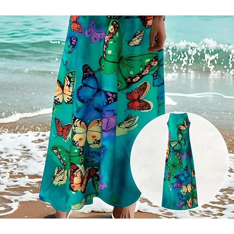 Women's Maxi Dress Casual Dress Sundress A Line Dress Vacation Tropical Casual Vacation Casual Daily Regular Fit Floral Butterfly Sleeveless V Neck Green Summer Spring3