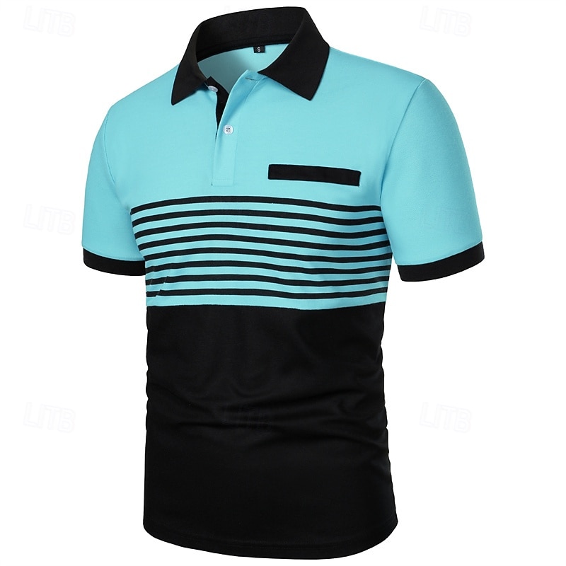 Men's Golf Shirt Golf Polos Shirts Work Casual Lapel Short Sleeve Basic Modern Stripes Patchwork Buttons Summer Spring Regular Fit Lake blue White Pink Wine Green Light Grey Golf Shirt2