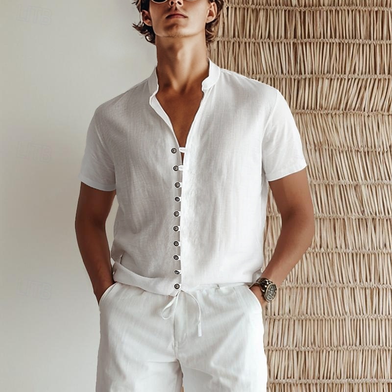 Men's Linen Shirt Summer Shirt Beach Wear Button Up Shirt Plain Vacation Beach White Pink Blue Green Short Sleeve Stand Collar Spring & Summer Clothing Apparel Basic